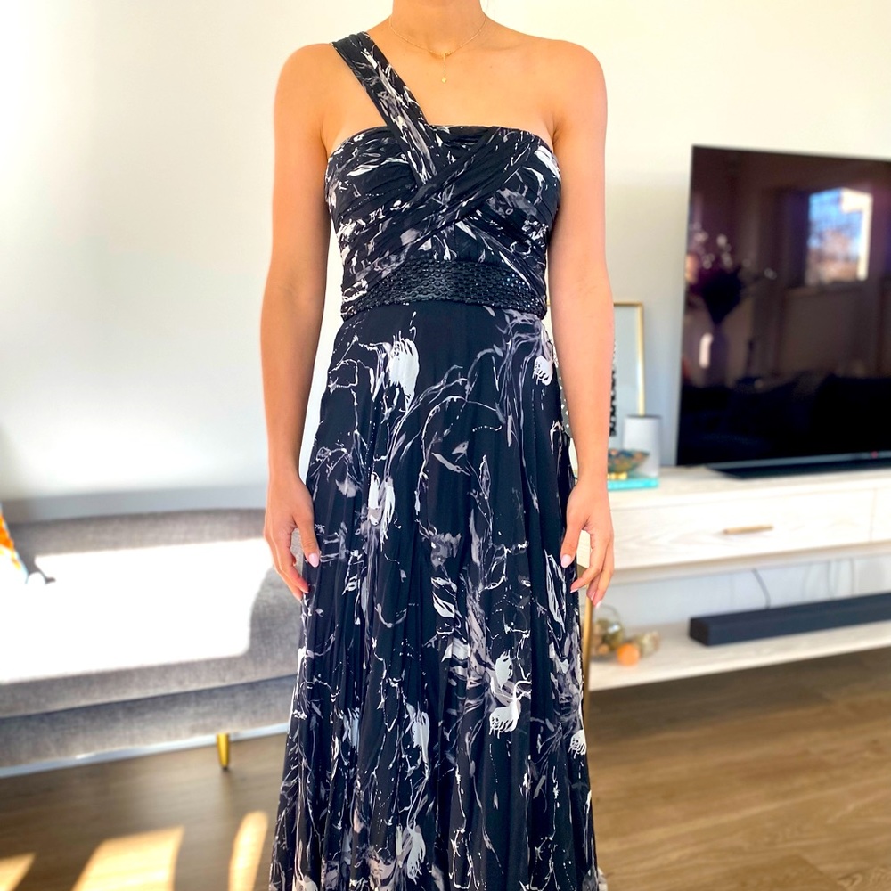 Black, white, blue silk formal dress - size 4